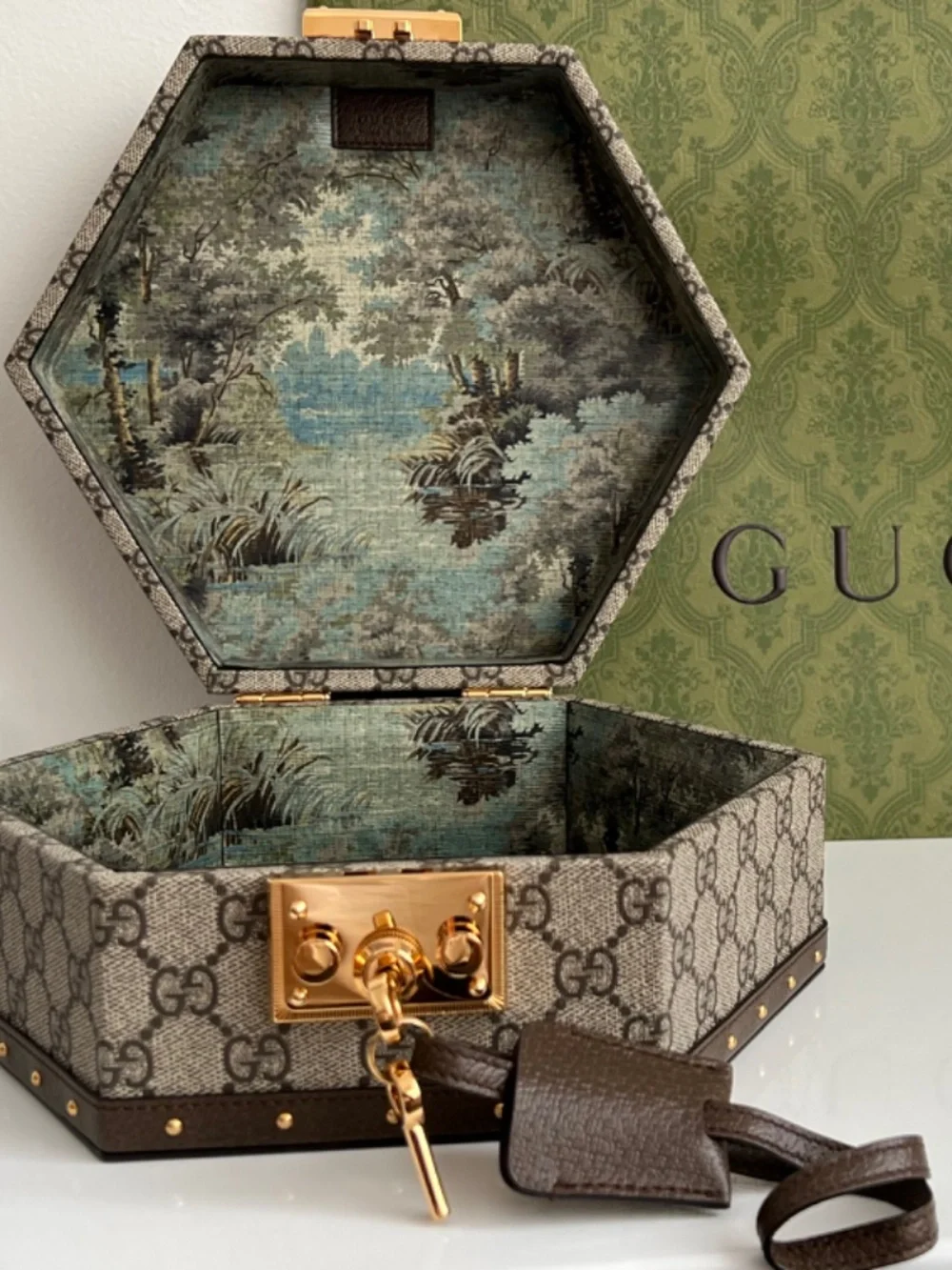 Gucci Women's Bag Rigid Jewelry Accessory Case Beaty Box GG Canvas Gold Lock Key